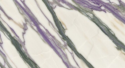 Close-up of a marble slab featuring white background with diagonal veins in shades of purple, gray, and green, creating a luxurious and textured surface.