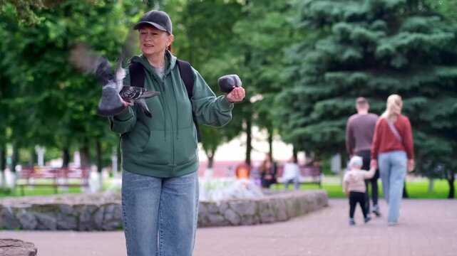Beautiful woman feeding pigeons in the park near the fountain. A moment of unity with nature. Video 4k