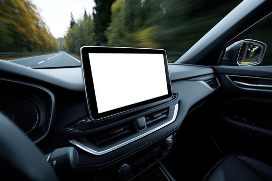 Modern car dashboard with a blank touchscreen display while driving on a forest road, perfect for navigation UI mockups, automotive tech design