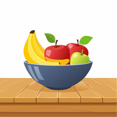 Table with fruit bowl – Wooden table with a ceramic bowl filled with apples and bananas.
