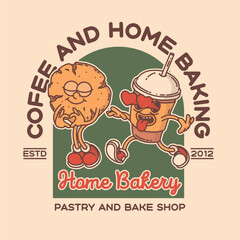 Bakery and coffee shop promo banner flyer signboard logo template. Retro cookie and coffe to go mascot