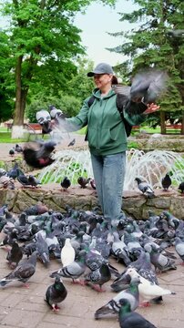 Beautiful woman feeding birds in the park near the fountain. Scene in the city park. Video 4k