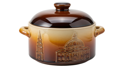 Isolated Ceramic Pot with Building Reliefs