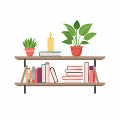 Wall shelf with books – Floating shelf stacked with books, plant, and candle.
