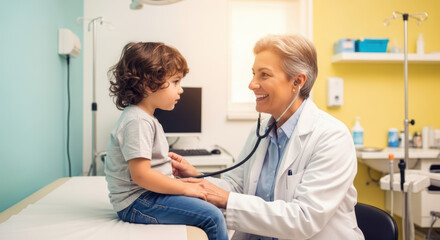 Obraz premium Doctor examining a young boy with a stethoscope in a medical office during a checkup appointment