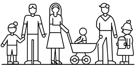 Vector art of a family with a baby in a stroller