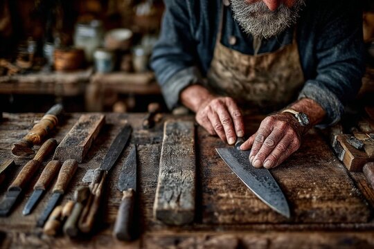 Mid-Aged Artisan Sharpening Knife, Tools In Background - Powered by Adobe