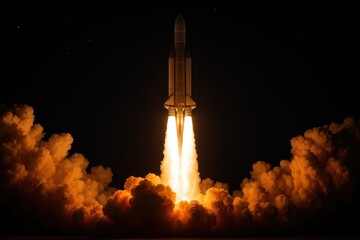 Spectacular rocket launch with brilliant flames against dramatic night sky