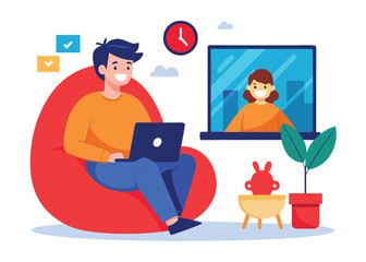 Vector art of man working on laptop at home