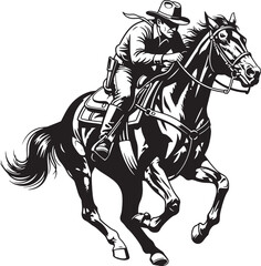 Fototapeta premium Cowboy Riding Horse Galloping Black White Illustration