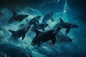 Fototapeta premium A stunning view of orcas in the ocean with a thunderstorm, waves, and wildlife in nature scene.