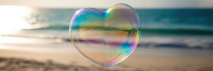 Iridescent heart bubble reflecting beach scene and ocean waves