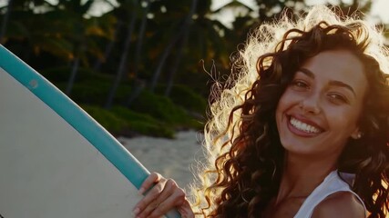 Joyful surfer embracing ocean adventure at sunset beach