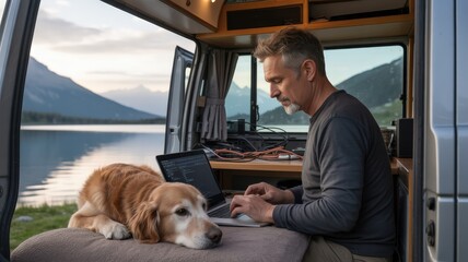Man working on laptop in camper van with dog by mountain lake