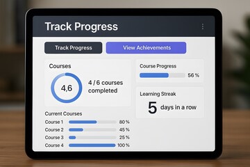 Online course progress tracker on a tablet screen displaying completion percentage, learning streak, and course details.