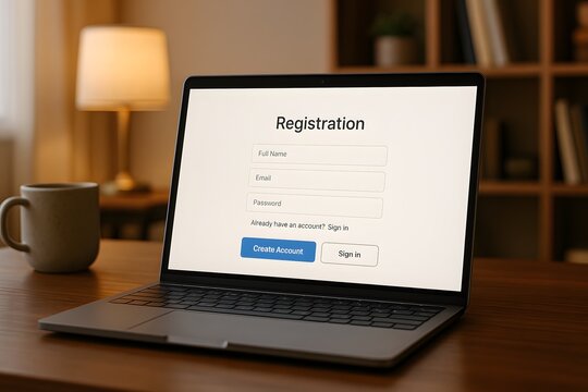 An open laptop displaying a registration form, with a mug nearby, on a wooden desk.