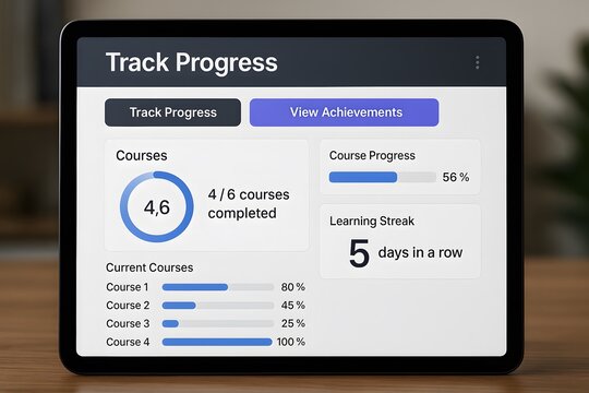 Online course progress tracker on a tablet screen displaying completion percentage, learning streak, and course details.