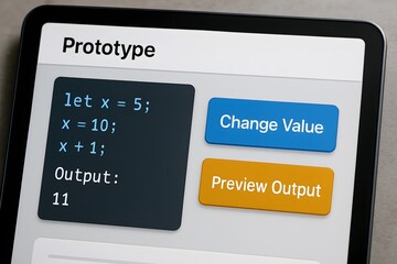 A tablet displaying a code prototype with output, presenting a digital interface with programming logic, a change value button, and a preview output function