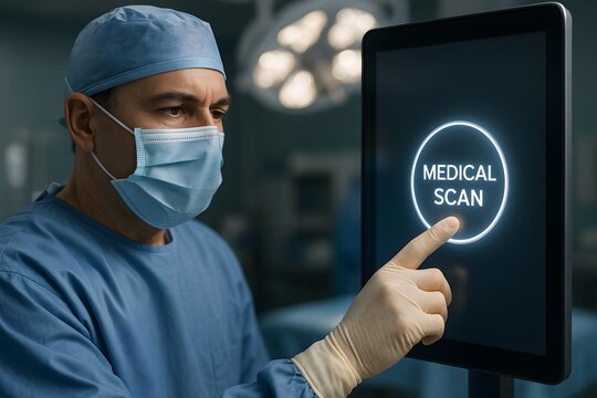 Surgeon in operation room checking the medical scan on the digital tablet