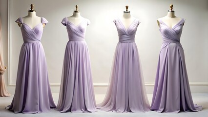 Four elegant lavender bridesmaid dresses flow gracefully on display