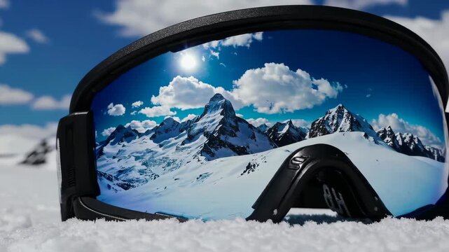 Snowy mountain reflections on ski goggles under clear blue skies in winter wonderland