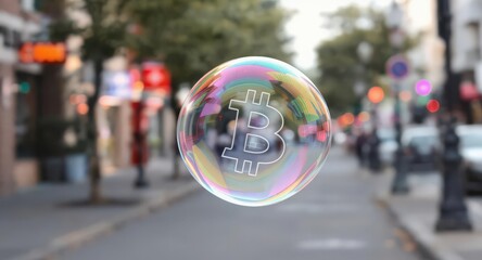 Bitcoin symbol in iridescent bubble over busy street