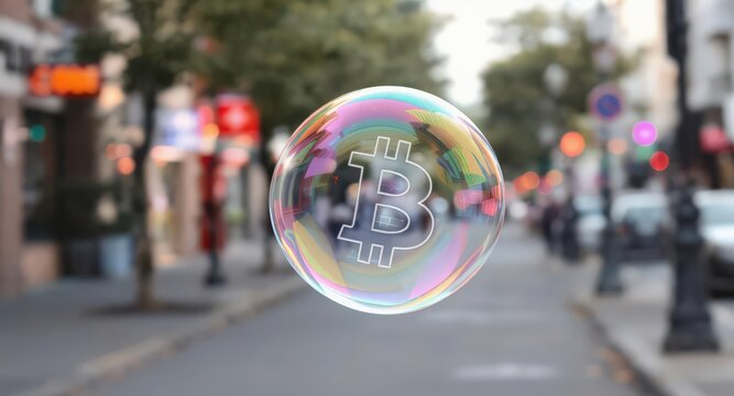 Bitcoin symbol in iridescent bubble over busy street