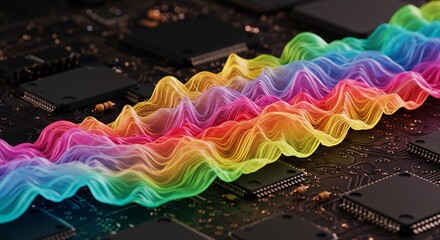 Rainbow Waveform on Circuit Board: Data Visualization and Technology Concept