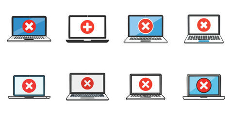 Multiple vector illustrations of cross marks on laptop PC

