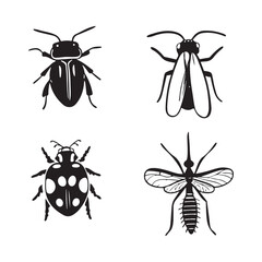 Set of insect vector silhouettes including bugs beetles ants and butterflies on white background