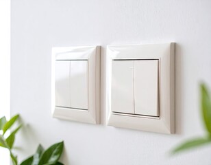 Two white wall switches on a white wall