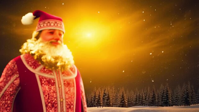Ded moroz, russian santa claus, enjoying a snowy sunset