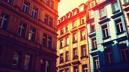 Colorful urban cityscape with sunlight highlighting building facades and rows of windows