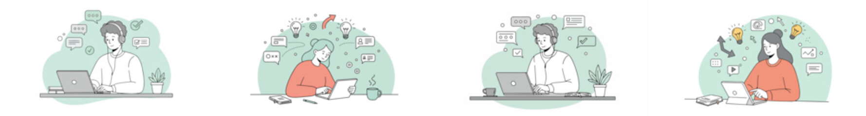 Professional illustration of four people working in a collaborative office environment with pastel colors