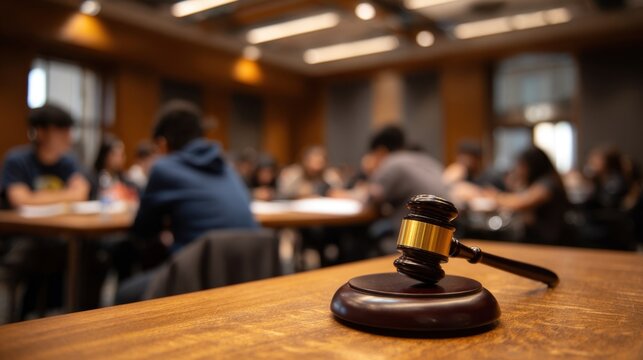 A dynamic scene of law students collaborating in a moot court session using critical thinking and teamwork to refine their legal skills as a prominent gavel serves as a powerful reminder