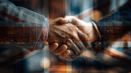 International business negotiation scene with digital contract floating in focus, blurred background