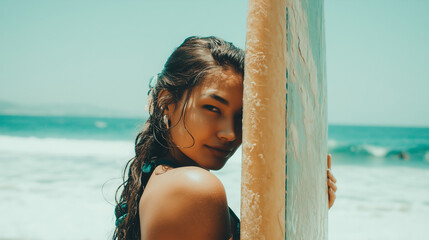 Surfer at the beach preparing for a day of fun under the sun in tropical paradise with vibrant ocean waves