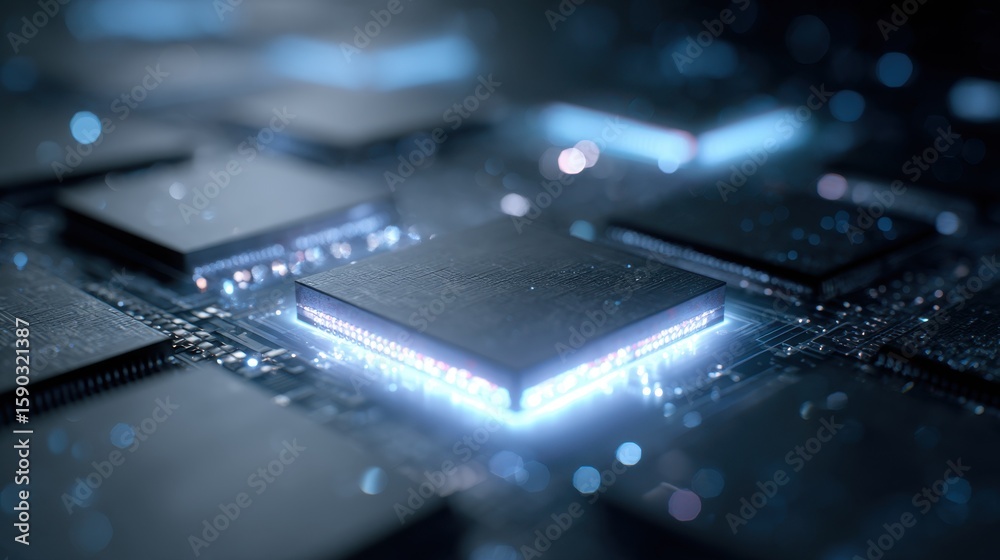 Poster quantum computing technology is showcased with a glowing quantum chip on a motherboard, suggesting a