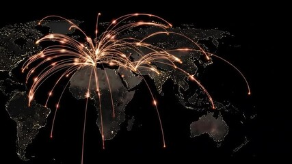 Global network connecting the world over earth map with city lights; used to show comms