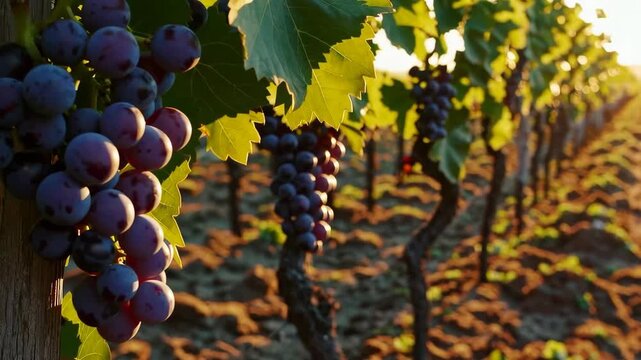 Vibrant vineyard grapes at sunset: a journey through nature's bounty