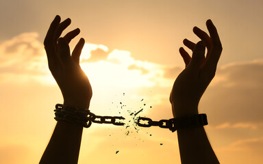 Hands rise toward the sun, chains broken, signifying freedom and liberation against a golden sky.