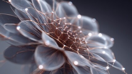 Close up view of an artificial flower with translucent petals and metallic veins, highlighting the engineering and mechanical properties of shape memory alloy