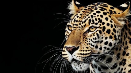 Majestic leopard roaring in slow motion isolated on black background