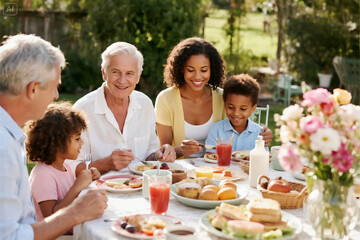 Multicultural Family Having Breakfast Outdoors