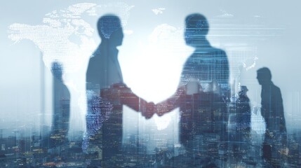 International business negotiation scene with digital contract floating in focus, blurred background