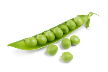 Open green pea pod with individual peas scattered around, isolated on white, transparent background. Image ideal for food designs, healthy lifestyle, and organic products legume, crop, food ingredient