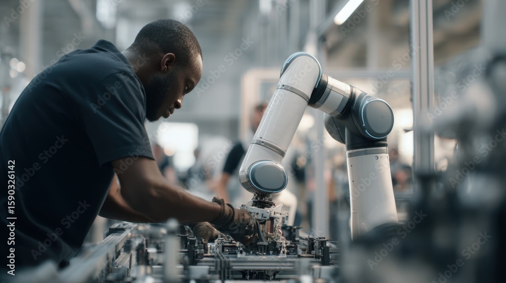 Poster engineer wearing gloves collaborating with a cobot on a complex assembly task, highlighting robotics