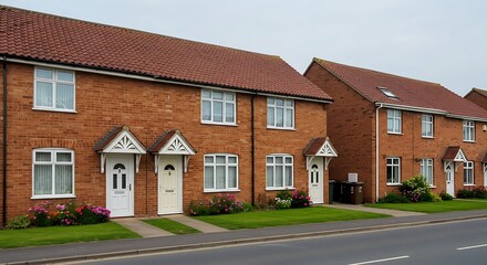 Historic British terraced homes in Port Sunlight, featuring cream-colored doors and sloped red tile roofs.