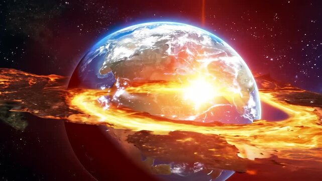 Planet earth exploding after meteorite impact