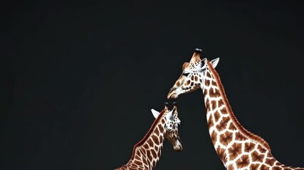 Graceful giraffes interacting against a black background with elegance and poise
